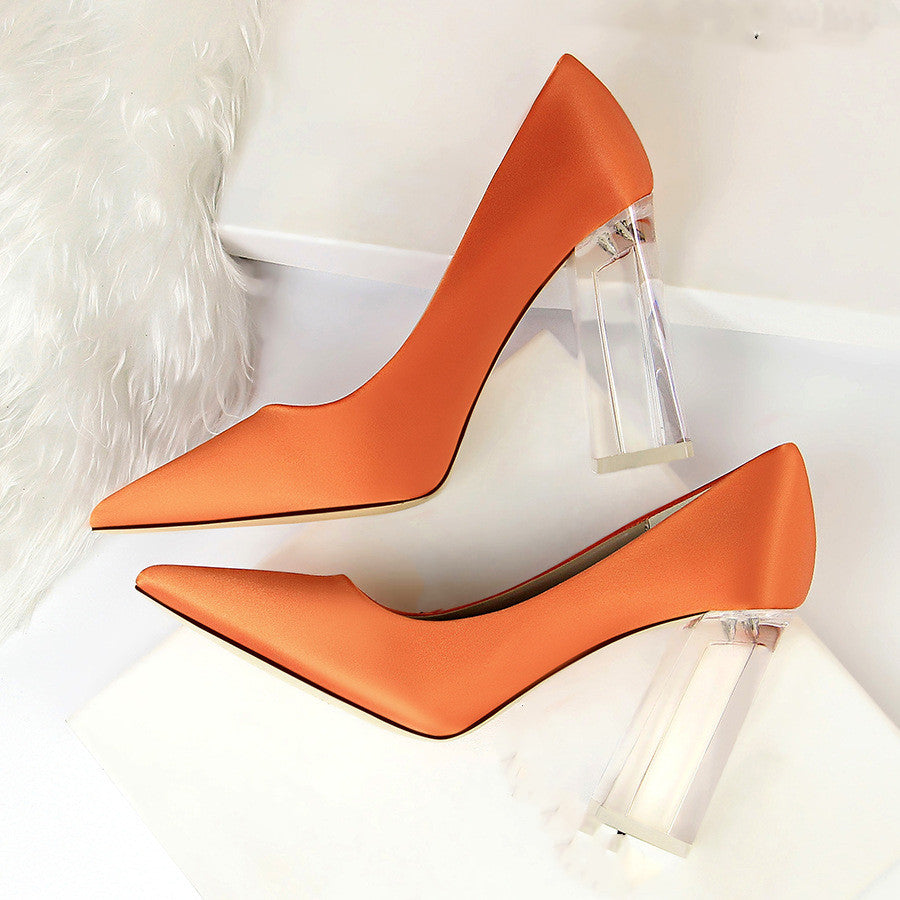 Womens Pumps Shoes Stiletto Satin Transparent Block High Heels