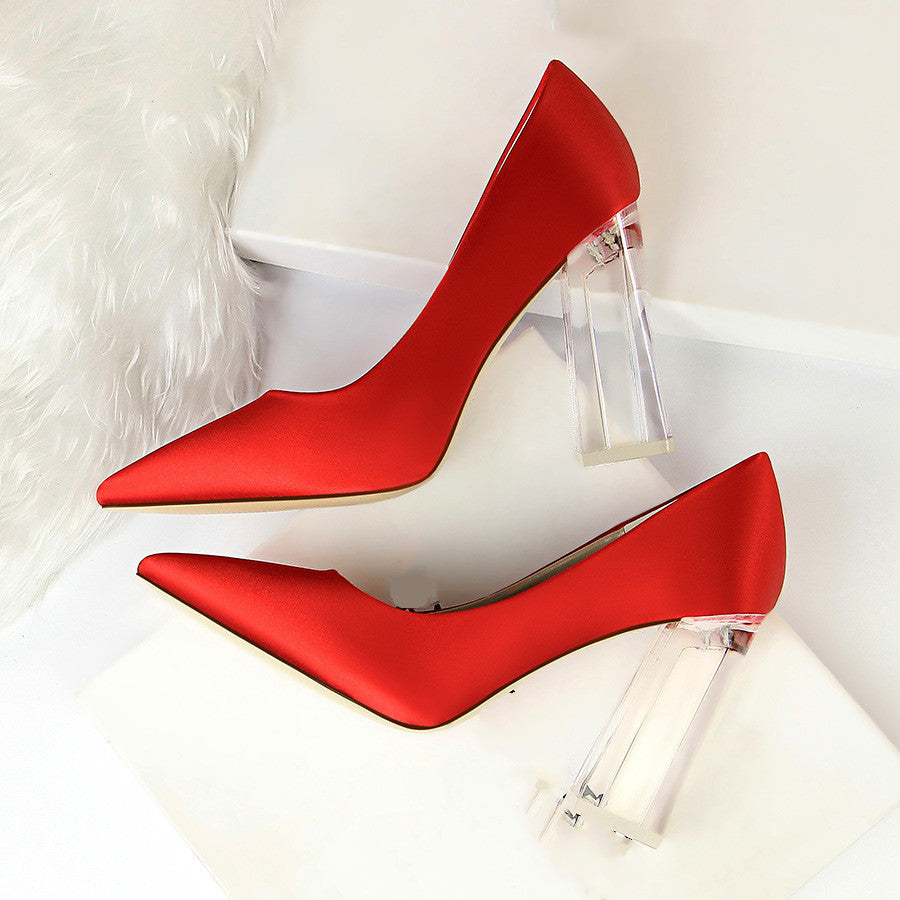 Womens Pumps Shoes Stiletto Satin Transparent Block High Heels