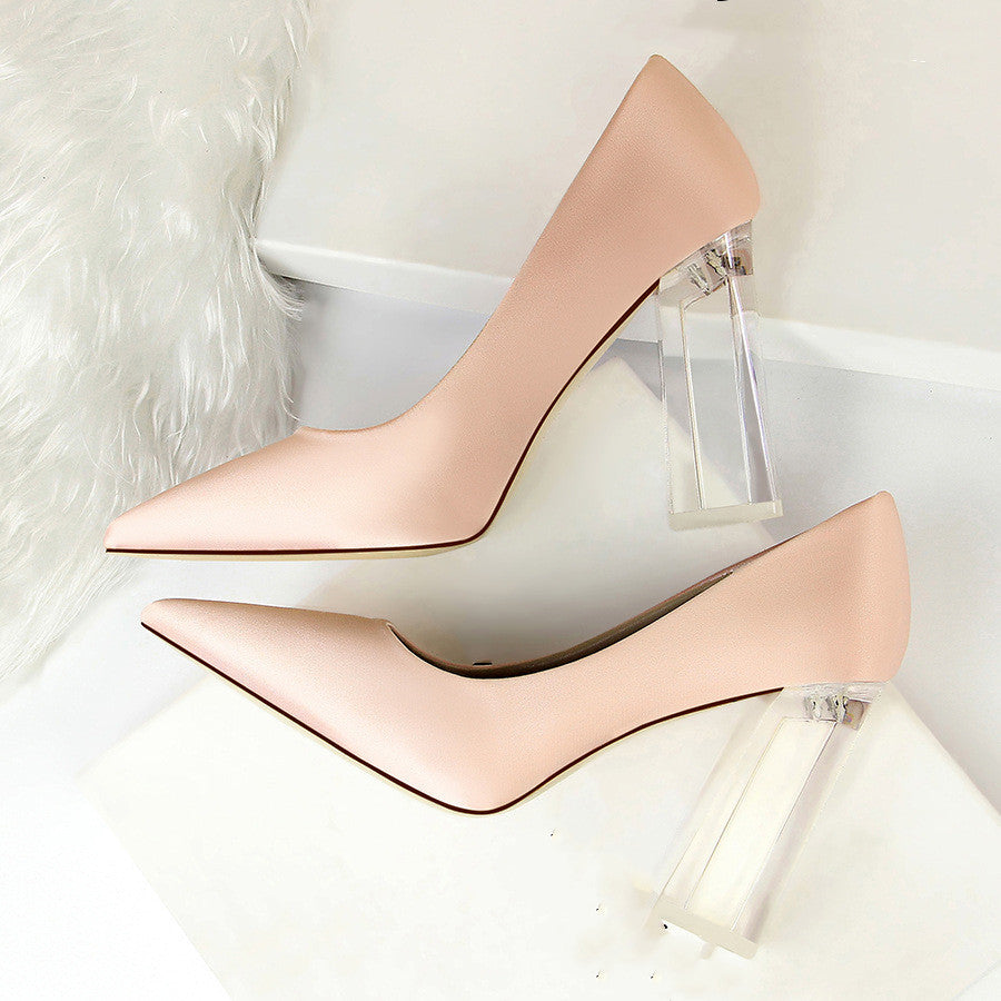 Womens Pumps Shoes Stiletto Satin Transparent Block High Heels