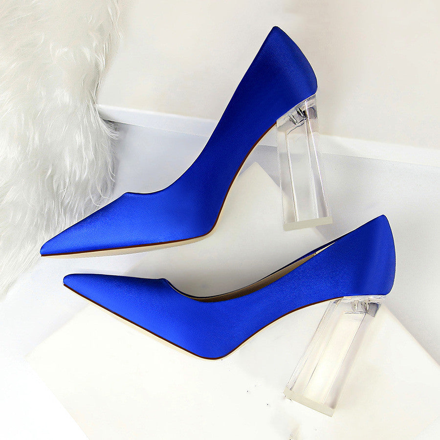 Womens Pumps Shoes Stiletto Satin Transparent Block High Heels
