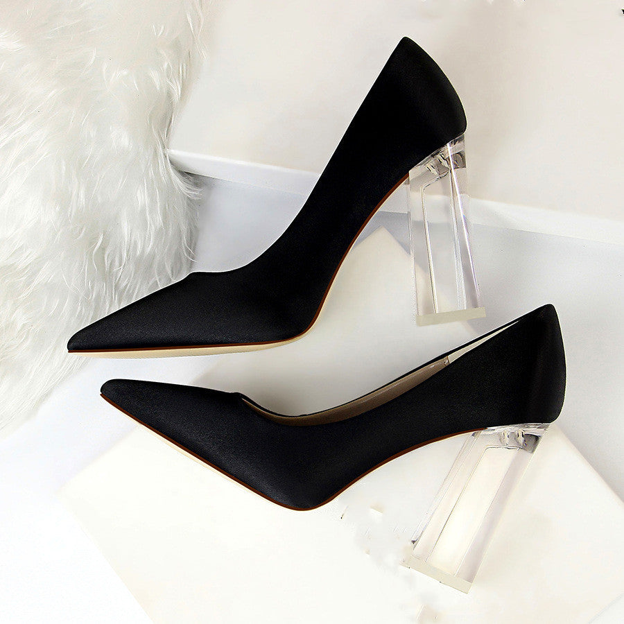 Womens Pumps Shoes Stiletto Satin Transparent Block High Heels
