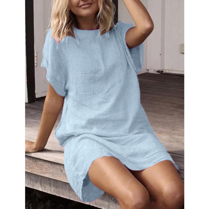 Summer Women's Loose Solid Color Short Sleeve Cotton And Linen Dress Nine Colors