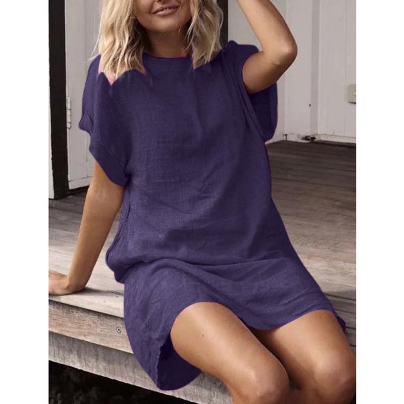 Summer Women's Loose Solid Color Short Sleeve Cotton And Linen Dress Nine Colors