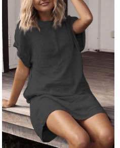 Summer Women's Loose Solid Color Short Sleeve Cotton And Linen Dress Nine Colors