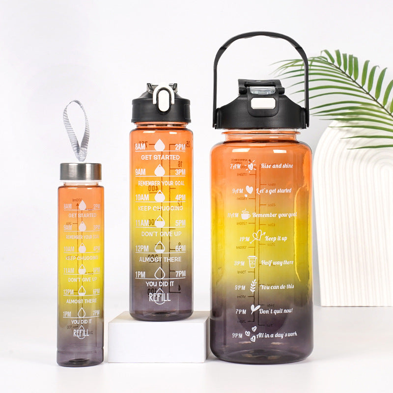 3-in-1 Gradient Color Motivational Water Bottles Set Plastic Straw Double Drink Translucent Outdoor Sports Bottle