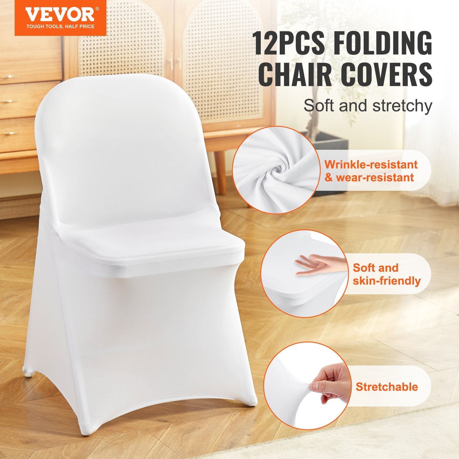 VEVOR White Stretch Spandex Chair Covers - 12 PCS, Folding Kitchen Chairs Cover, Universal Washable Slipcovers Protector, Removable Chair Seat Covers, For Wedding Party Dining Room Banquet Event