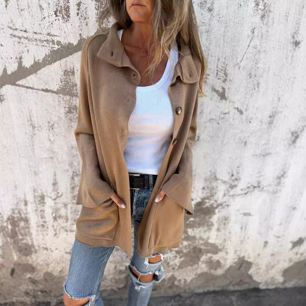 Ins Single Breasted Lapel Knitted Coat Fashion Pocket Long Sleeve Cardigan Jacket Women's Clothing