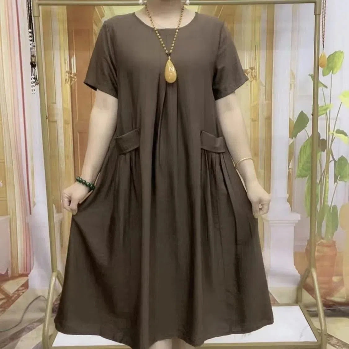 Casual All-match Age-reducing Double-sided Clear Color Large Plate Pocket Dress