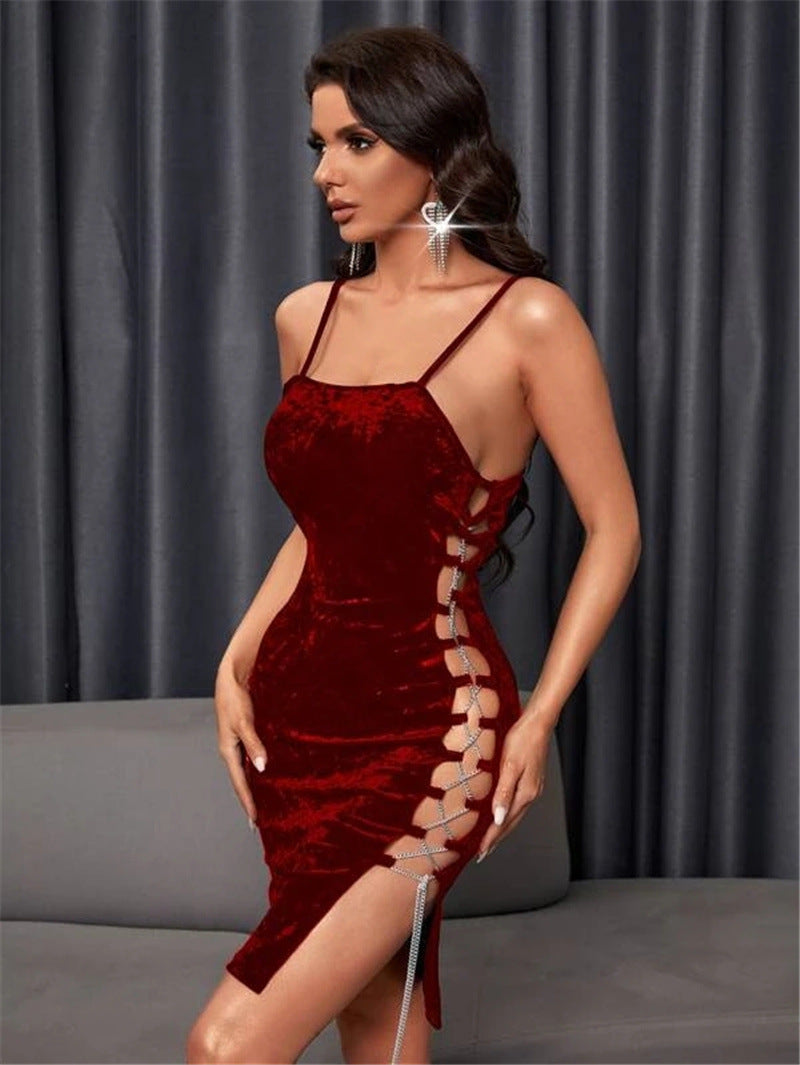 Velvet Tight Side Lace-up Dress Sexy Skirt. Dress
