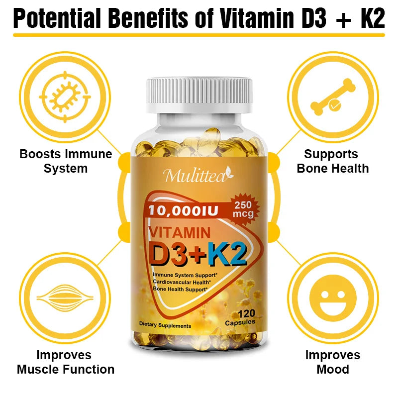 Mulittea Vitamin D3+K2 Capsule for Regulate Calcium Metabolism Promote Bone Health Heart