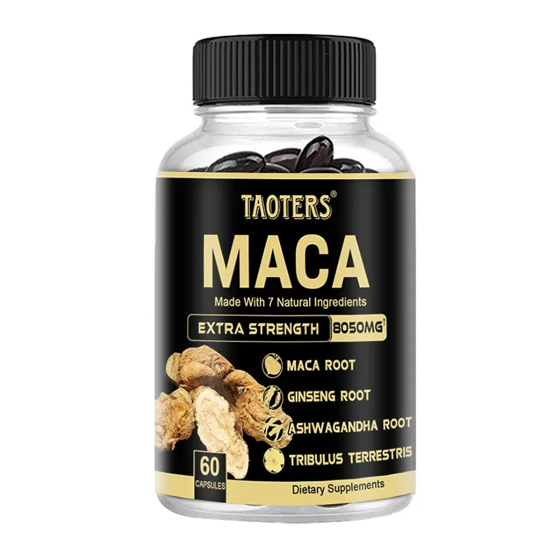 As cápsulas de raiz de maca preta contêm aminoácidos essenciais, vitaminas e minerais para reparação muscular e antifadiga