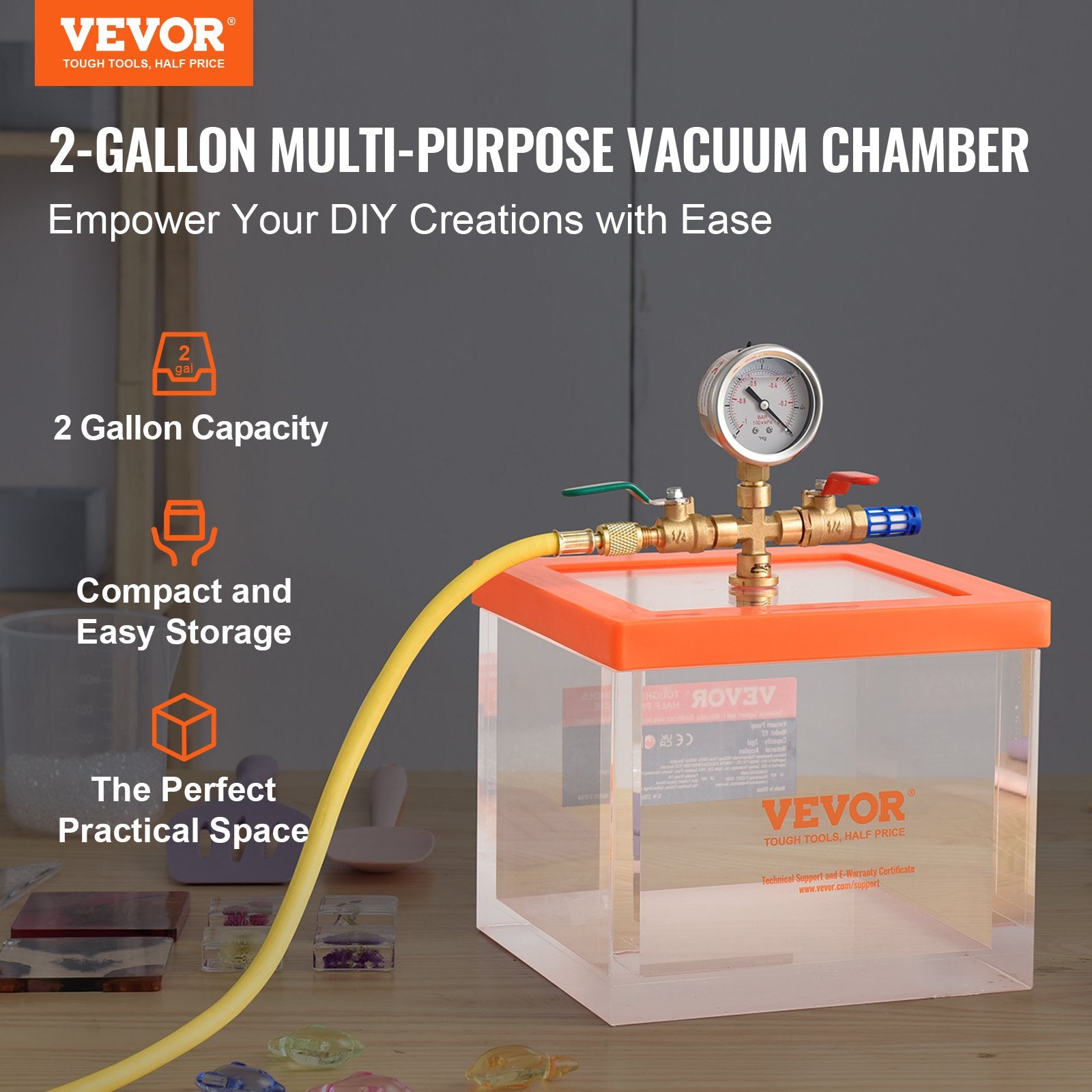 2 Gallon Vacuum Chamber, Upgraded Multipurpose Acrylic Vacuum Degassing Chamber, Transparent Vacuum Chamber, For Resin Degassing, Silica Gel Degassing, Gypsum Degassing And Vacuum Extraction
