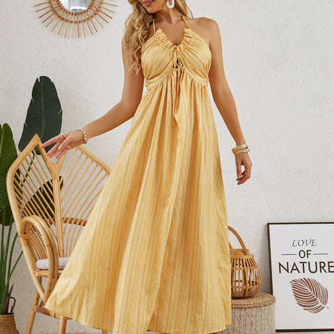 Bohemian Halter Maxi Dress - Women's Summer Sleeveless Flowy Beach Dress