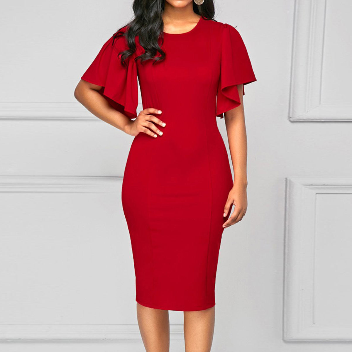 Women's Dress With Elegant Hip Tight Lotus Leaf Sleeve Dress