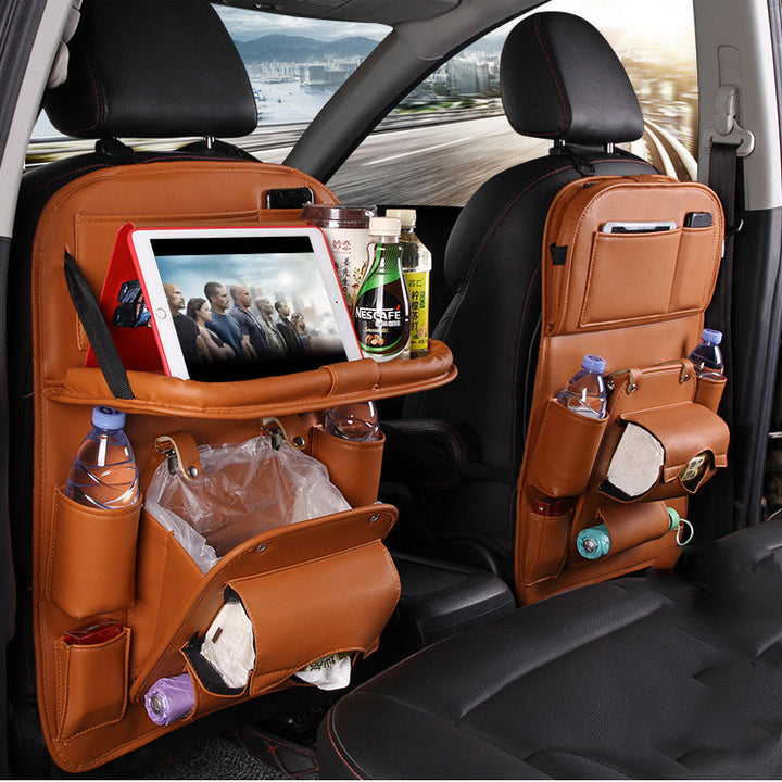 PU Leather Car Storage Bag Multifunction Seat Back Tray Hanging Bag Waterproof Car Organizer Automotive Interior Accessories