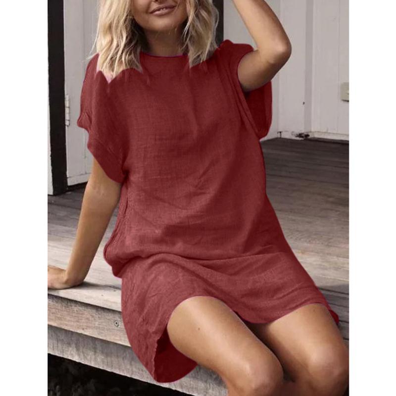 Summer Women's Loose Solid Color Short Sleeve Cotton And Linen Dress Nine Colors