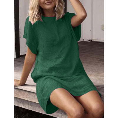 Summer Women's Loose Solid Color Short Sleeve Cotton And Linen Dress Nine Colors