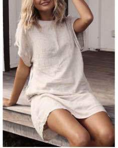 Summer Women's Loose Solid Color Short Sleeve Cotton And Linen Dress Nine Colors