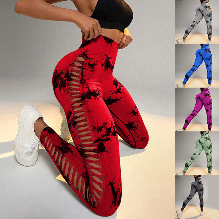 Hollow Tie Dye Printed Yoga Pants High Waist Butt Lift Seamless Sports Gym Fitness