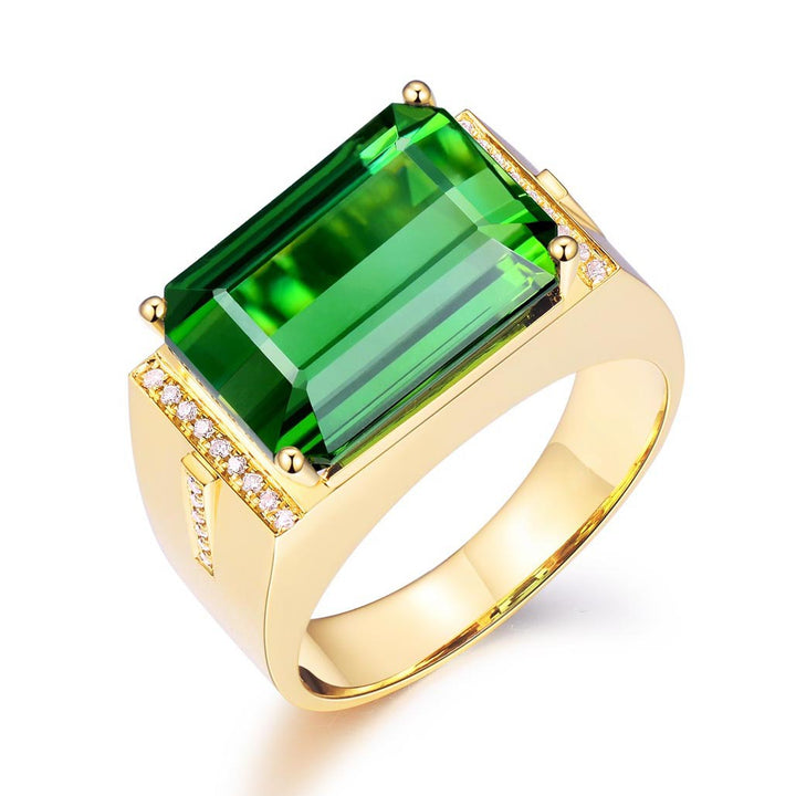 Yellow Gold Inlaid Emerald Baguette Men's Ring