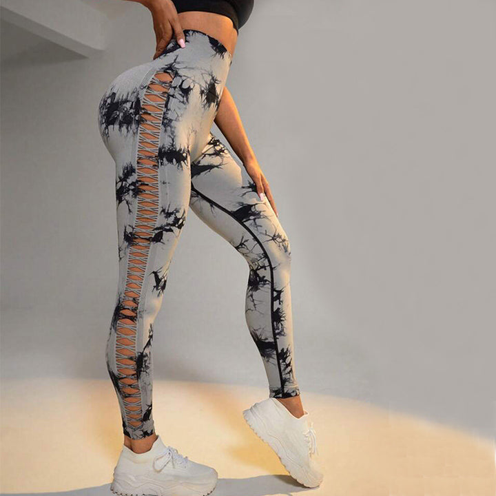 Hollow Tie Dye Printed Yoga Pants High Waist Butt Lift Seamless Sports Gym Fitness