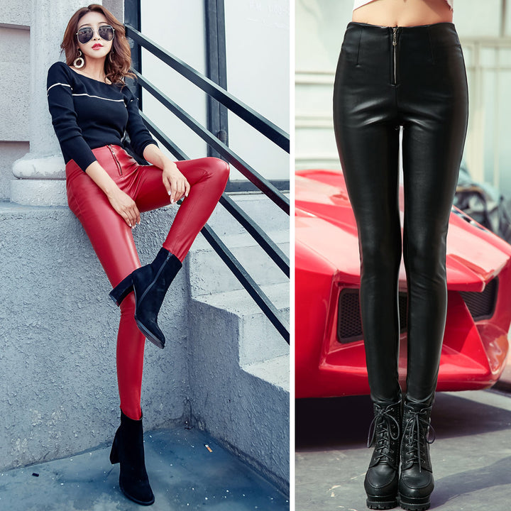 Leggings com zíper cintura alta calça skinny de couro