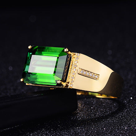 Yellow Gold Inlaid Emerald Baguette Men's Ring