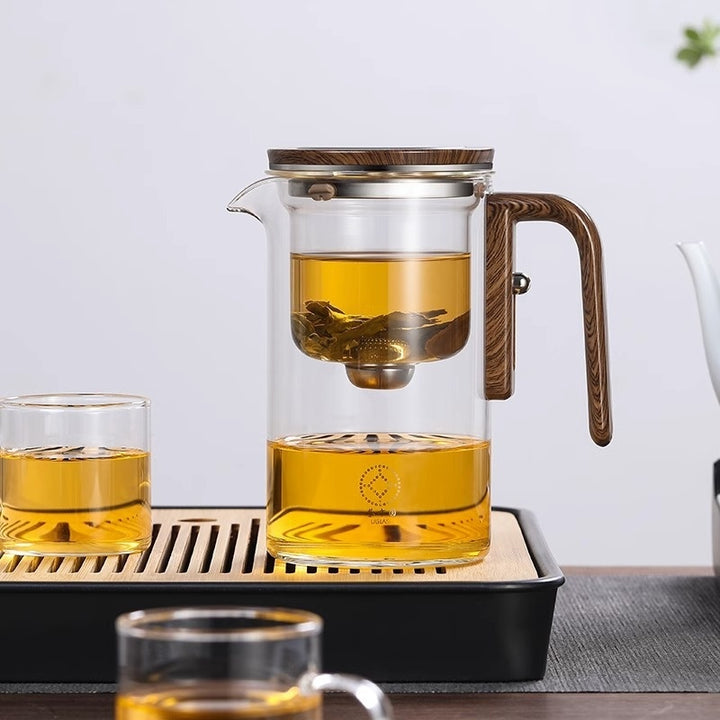 One Click Magnetic Teapot Separation Filtration Glass Tea Pot Wood Handle Tea Water Separation Inner Container Teapot.