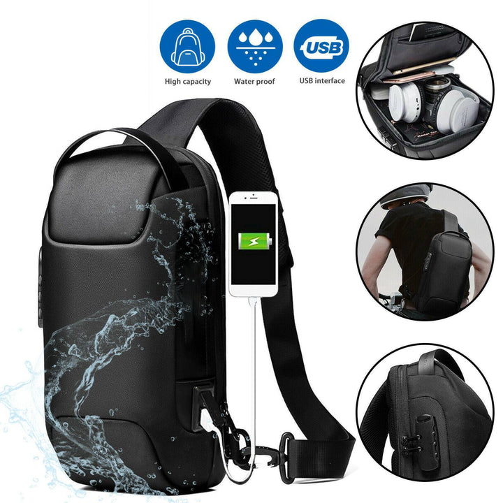 Pack For Male Sling Shoulder Crossbody Waterproof Anti-theft Chest Bag Backpack Pack USB