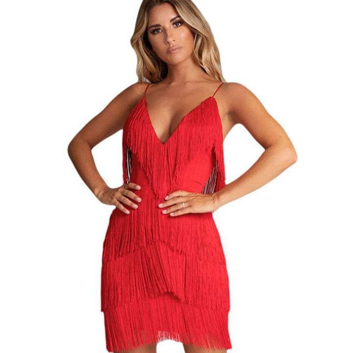 Sexy Tassel Stitching Backless Dress Deep V-Neck Dress. Dress