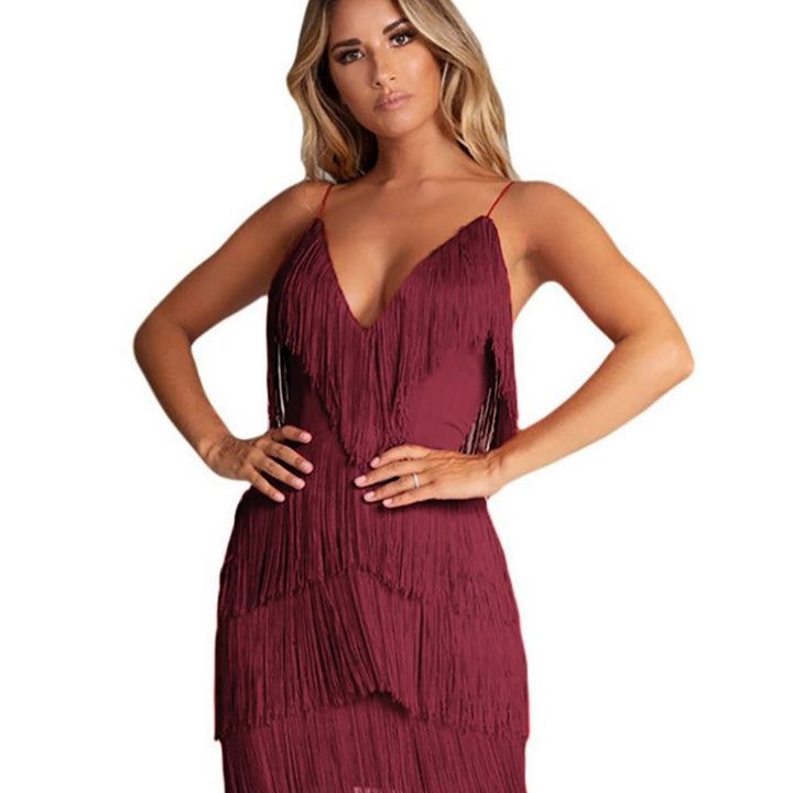 Sexy Tassel Stitching Backless Dress Deep V-Neck Dress. Dress