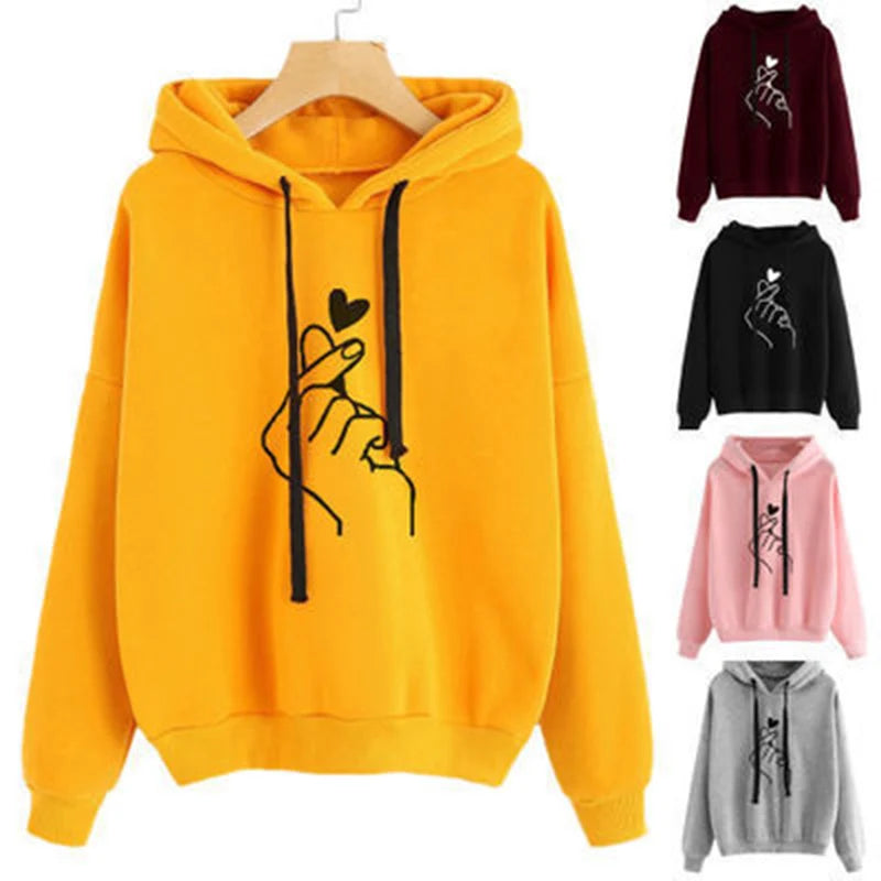 Autumn Fleece Hoodie Solid Color Finger Heart Hooded Korean Fashion