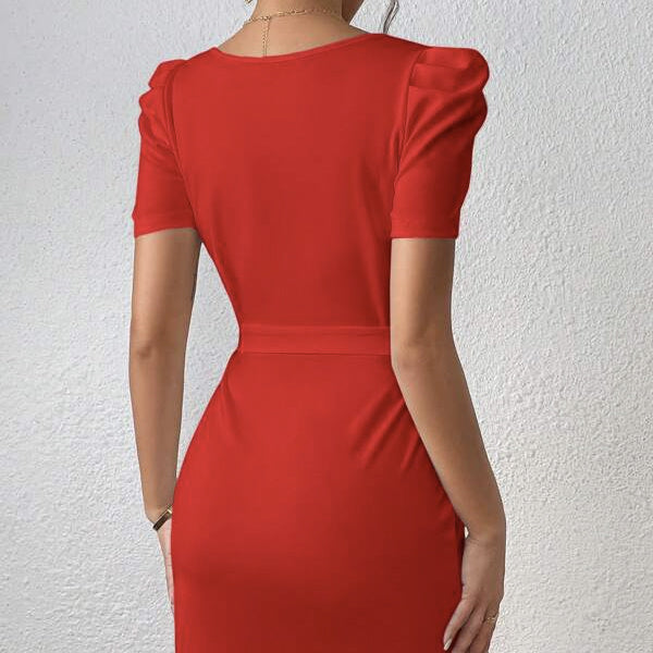 Women's Solid Color Notch V-neck Waist Bag Waist Belt Dress