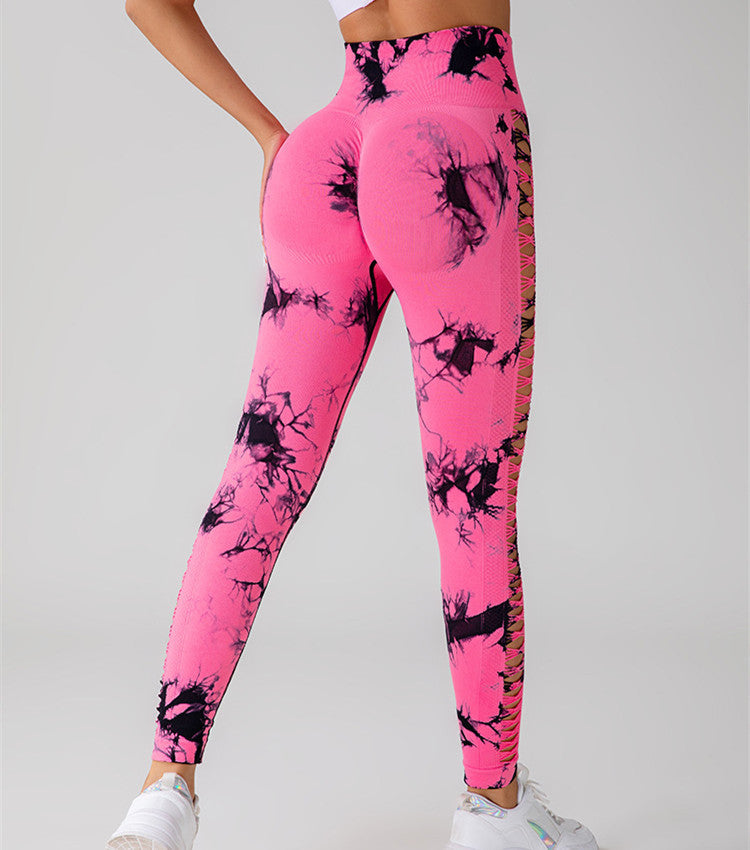 Hollow Tie Dye Printed Yoga Pants High Waist Butt Lift Seamless Sports Gym Fitness
