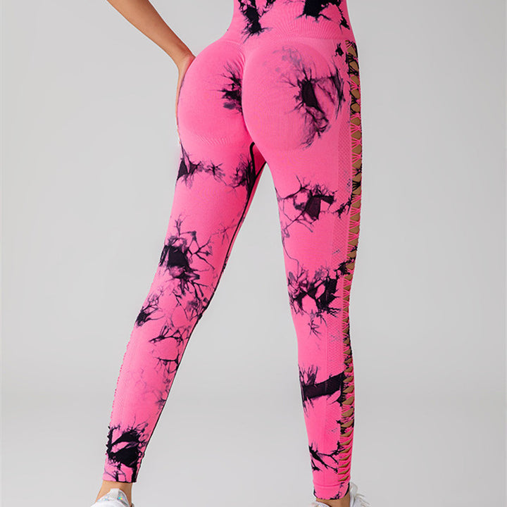 Hollow Tie Dye Printed Yoga Pants High Waist Butt Lift Seamless Sports Gym Fitness