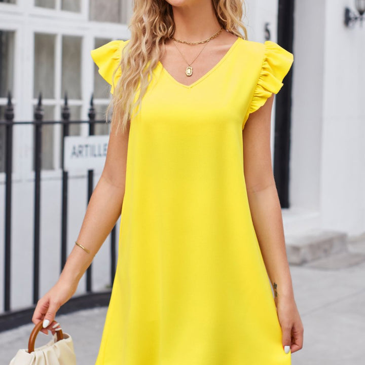 Ruffled V-Neck Flutter Sleeve Dress