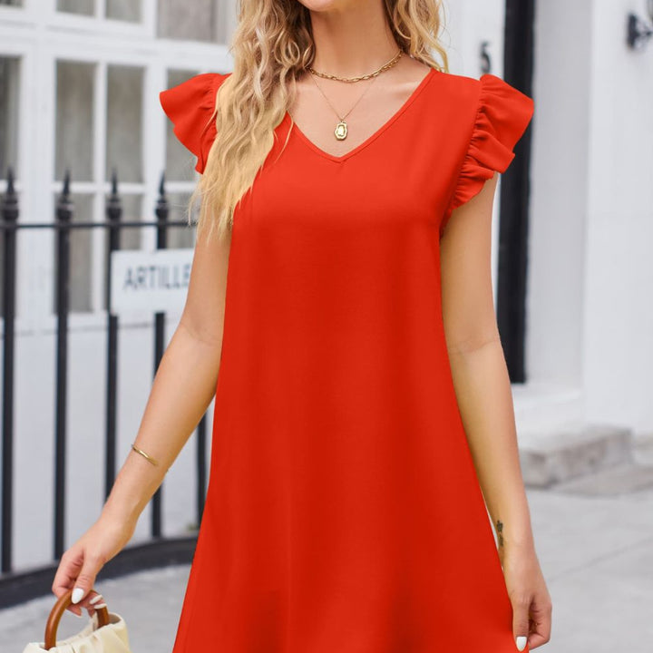 Ruffled V-Neck Flutter Sleeve Dress