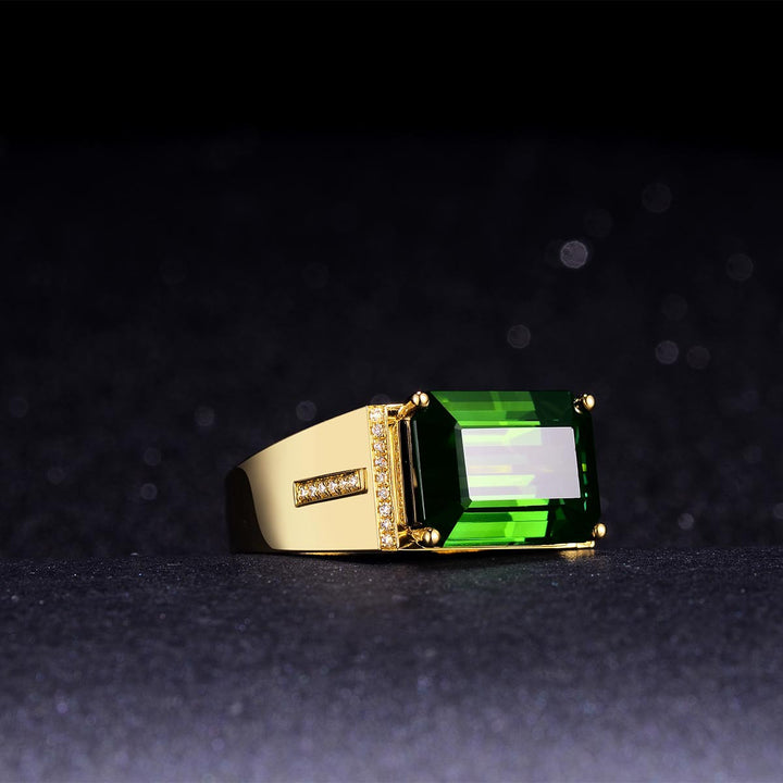 Yellow Gold Inlaid Emerald Baguette Men's Ring