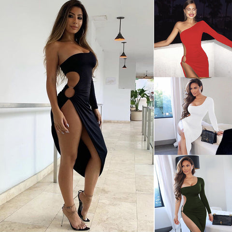 Shoulder Long Sleeve Sexy Hollow Split Dress. Dress