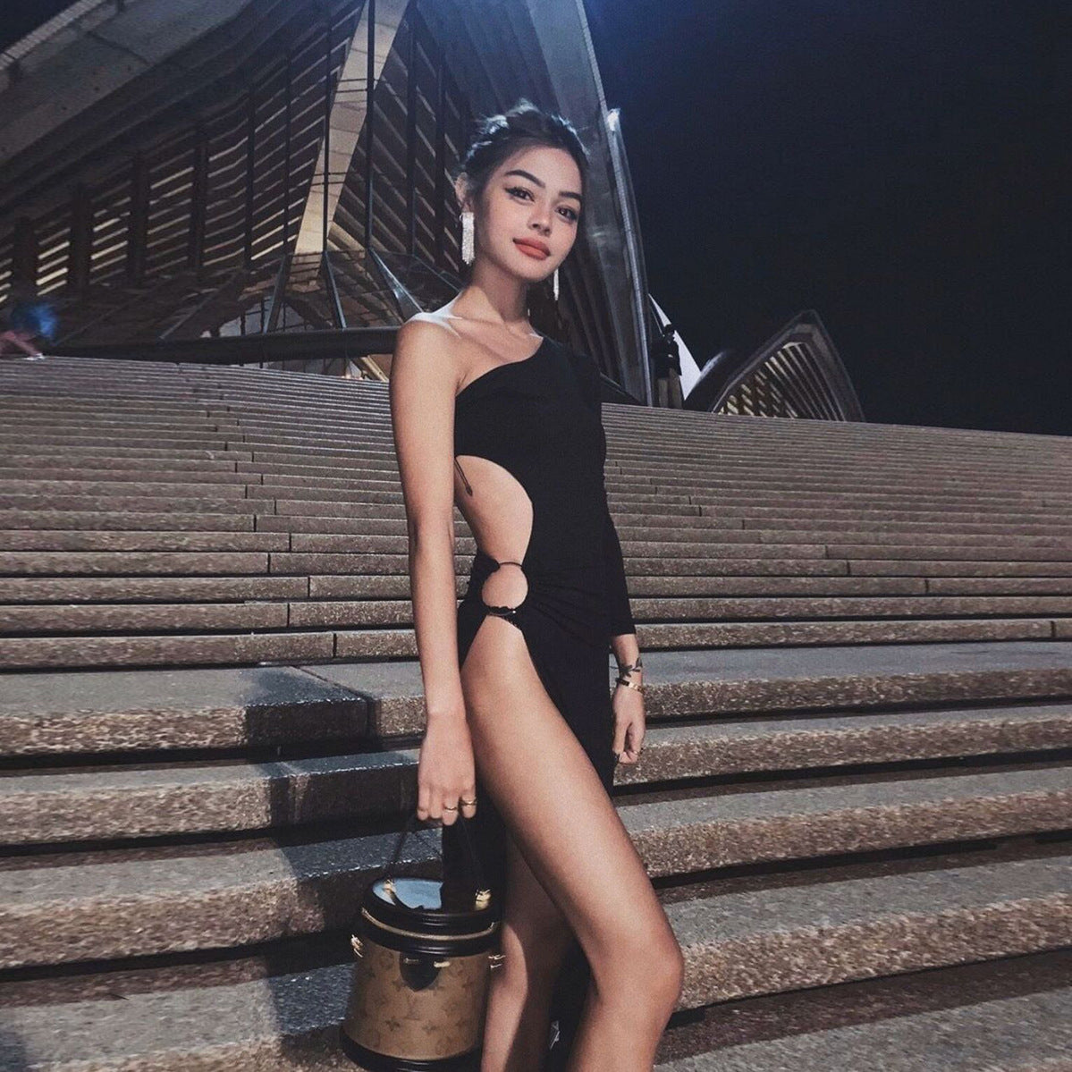 Shoulder Long Sleeve Sexy Hollow Split Dress. Dress