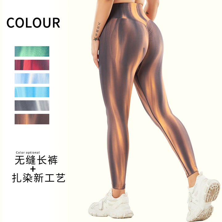 Spot! New Cross-border Tie-dye Yoga Trousers Women Seamless High Waist Peach Hip Sports Tight Leggings For Outer Wear