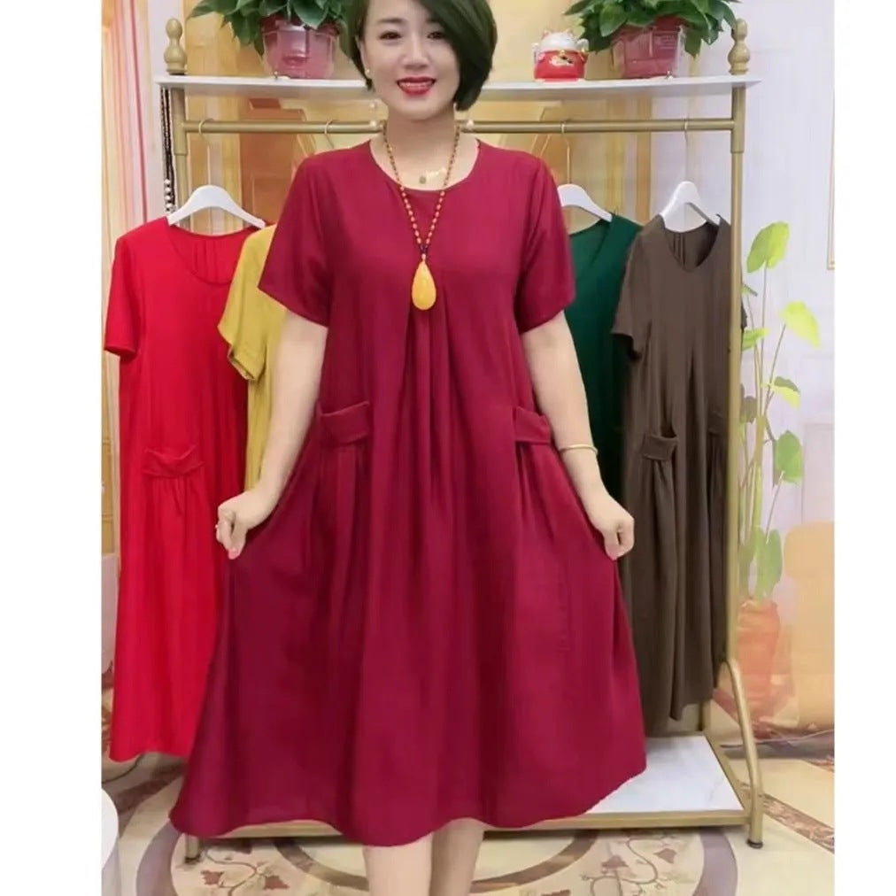 Casual All-match Age-reducing Double-sided Clear Color Large Plate Pocket Dress