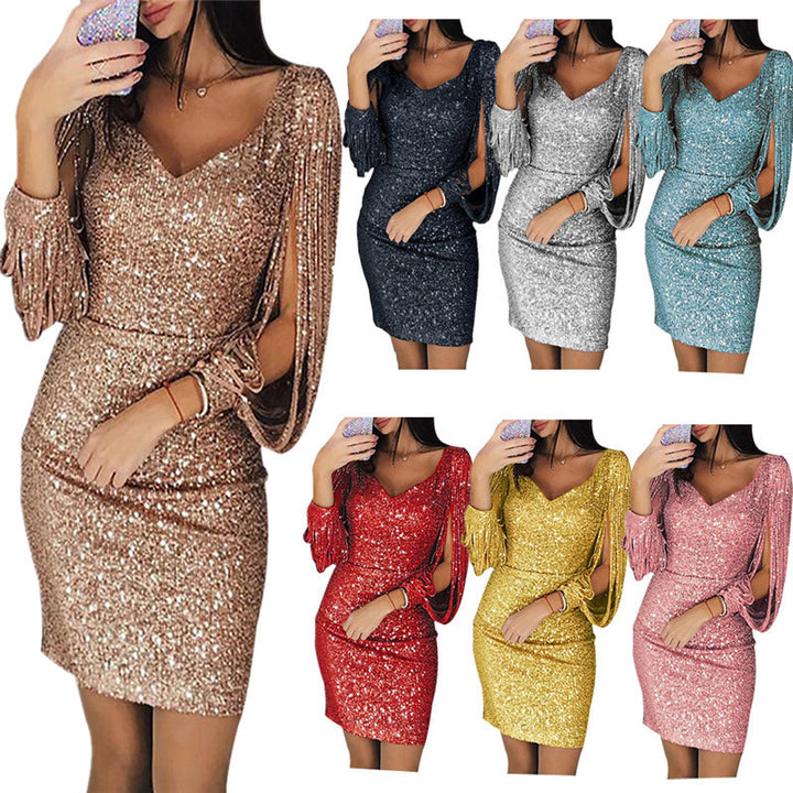 New Sexy Nightclub Party Bright Silk Tassel Slim Long Sleeve Hip Dress. Dress