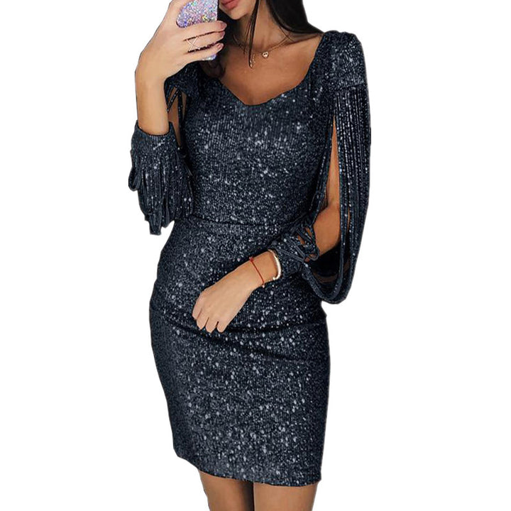 New Sexy Nightclub Party Bright Silk Tassel Slim Long Sleeve Hip Dress. Dress