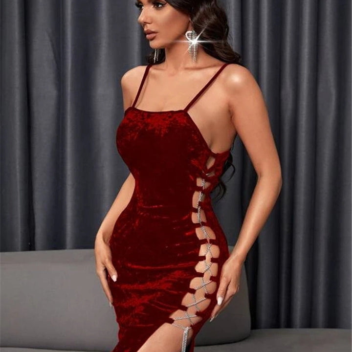 Velvet Tight Side Lace-up Dress Sexy Skirt. Dress