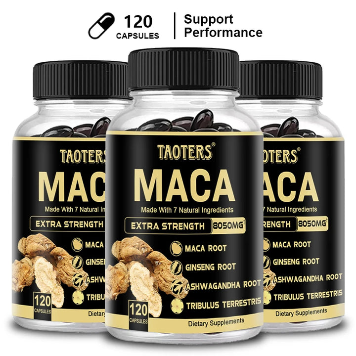 As cápsulas de raiz de maca preta contêm aminoácidos essenciais, vitaminas e minerais para reparação muscular e antifadiga 