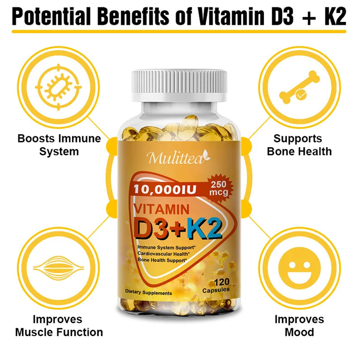 Cápsula de vitamina D3 + K2 Mulittea para regular o metabolismo do cálcio e promover a saúde óssea do coração 