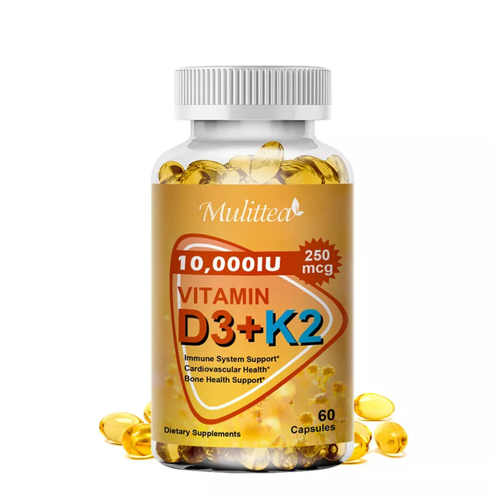 Cápsula de vitamina D3 + K2 Mulittea para regular o metabolismo do cálcio e promover a saúde óssea do coração 