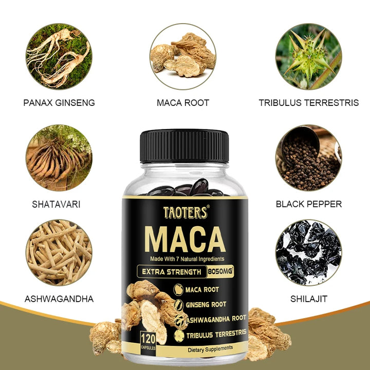 As cápsulas de raiz de maca preta contêm aminoácidos essenciais, vitaminas e minerais para reparação muscular e antifadiga 