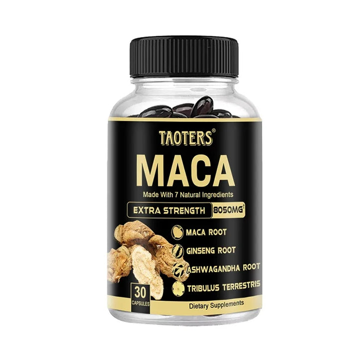 As cápsulas de raiz de maca preta contêm aminoácidos essenciais, vitaminas e minerais para reparação muscular e antifadiga 